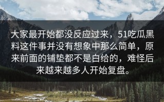 大家最开始都没反应过来，51吃瓜黑料这件事并没有想象中那么简单，原来前面的铺垫都不是白给的，难怪后来越来越多人开始复盘。